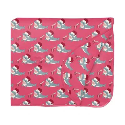 Kickee Fluffle Throw Blanket With Embroidery 55" X 75" In Winter Rose Holiday Sharks In Pink