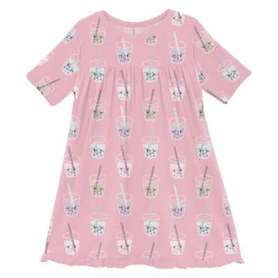 Kickee Kids' Girl's Classic Short Sleeve Swing Dress In Cake Pop Boba In Pink