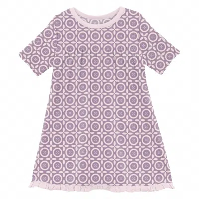 Kickee Kids' Girl's Classic Short Sleeve Swing Dress In Lavender Flower Lattice In Purple