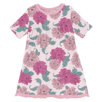 Kickee Kids' Girl's Classic Short Sleeve Swing Dress In Shrinking Violet Peonies In Pink