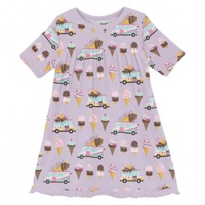 Kickee Kids' Girl's Classic Short Sleeve Swing Dress In Thistle Ice Cream Truck In Purple