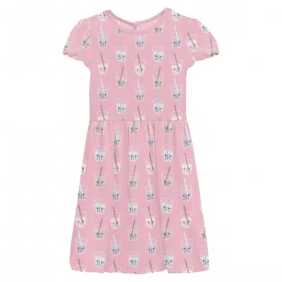 Kickee Kids' Girl's Flutter Sleeve Twirl Dress With Pockets In Cake Pop Boba In Pink