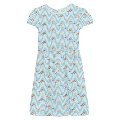 Kickee Kids' Girl's Flutter Sleeve Twirl Dress With Pockets In Fresh Air Little Fishy In Blue
