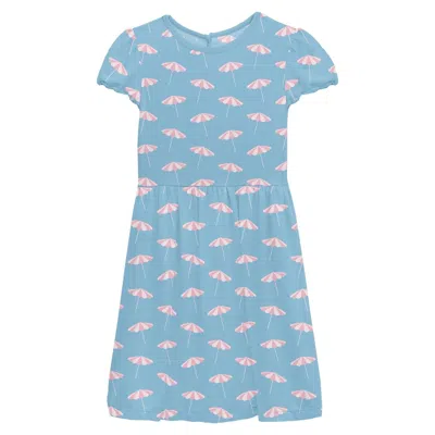 Kickee Kids' Girl's Flutter Sleeve Twirl Dress With Pockets In Seaside Beach Umbrellas In Blue