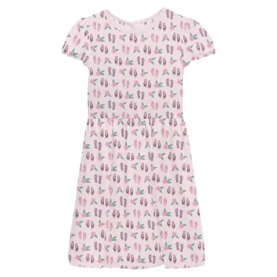Kickee Kids' Girl's Flutter Sleeve Twirl Dress With Pockets In Shrinking Flip Flops And Flowers In Pink