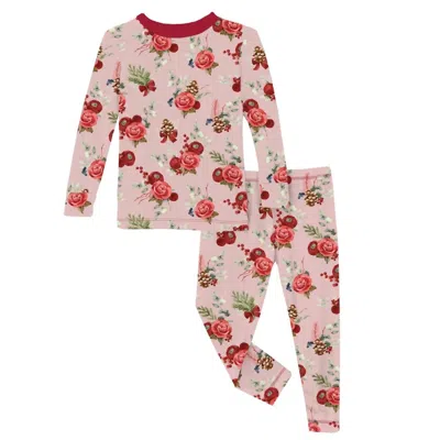 Kickee Kids' Girl's Long Sleeve Pajama Set In Baby Rose Holiday Floral In Multi