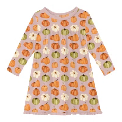 Kickee Kids' Girl's Long Sleeve Swing Dress In Baby Rose Pumpkin Patch In Multi