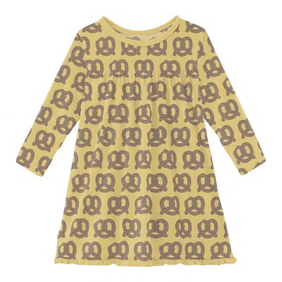Kickee Kids' Girl's Long Sleeve Swing Dress In Flax Giant Pretzel In Multi