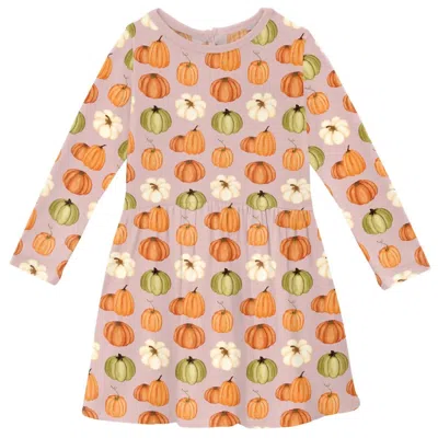 Kickee Kids' Girl's Long Sleeve Twirl Dress With Pockets In Baby Rose Pumpkin Patch In Brown