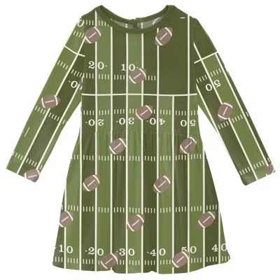 Kickee Kids' Girl's Long Sleeve Twirl Dress With Pockets In Pesto Football In Green