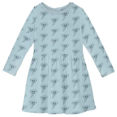 Kickee Kids' Girl's Long Sleeve Twirl Dress With Pockets In Spring Sky Happy Tornado In Blue
