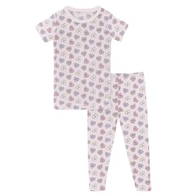 Kickee Kids' Girl's Short Sleeve Pajama Set In Candy Hearts In Animal Print