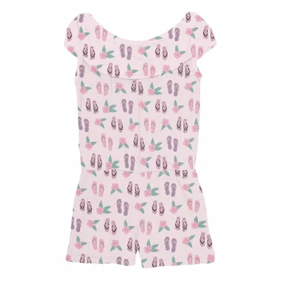 Kickee Kids' Girl's Summer Romper In Shrinking Violet Flip Flops And Flowers In Pink