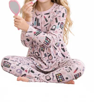 Kickee Kids' Girls Long Sleeve Pajama Set In Mama's Makeup In Pink