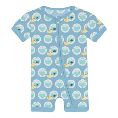 Kickee Kids' Infant & Toddler Unisex Shorty Sleeper With Zipper In Seaside Blue Porthole Rubber Ducky