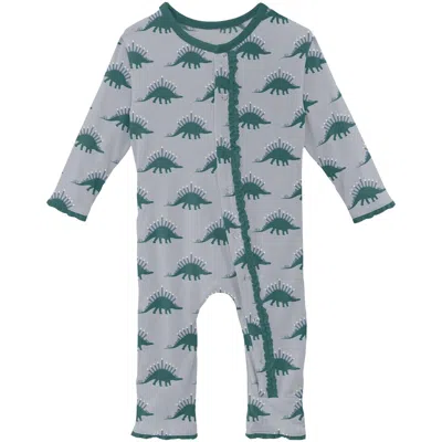 Kickee Kid's Bamboo Muffin Ruffle Coverall With Snaps In Pearl Blue Menorahsaurus In Gray