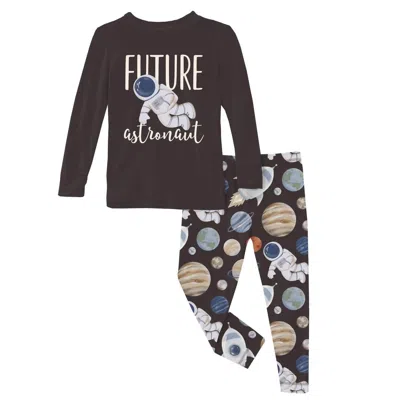 Kickee Kid's Long Sleeve Graphic Tee Pajama Set In Midnight Space Dream In Brown
