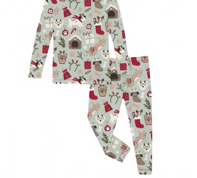 Kickee Kid's Long Sleeve Pajama Set In Aloe Christmas Dogs In Green