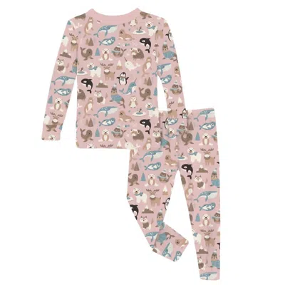 Kickee Kid's Long Sleeve Pajama Set In Baby Rose Arctic Animals In Brown