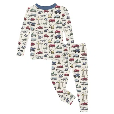 Kickee Kid's Long Sleeve Pajama Set In Natural Construction Trucks In Multi