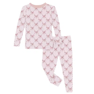 Kickee Kid's Long Sleeve Pajama Set In Shrinking Violet Bow Lattice In Multi