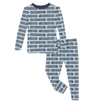 Kickee Kid's Long Sleeve Pajama Set In Spring Sky London Trains In Blue