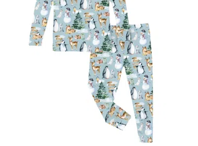 Kickee Kid's Long Sleeve Pajama Set In Spring Sky Winter Wonderland In Blue