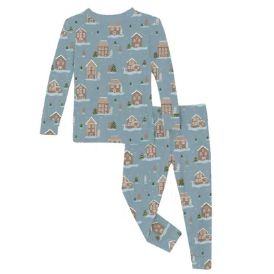 Kickee Kid's Long Sleeve Pajama Set In Stormy Sea Gingerbread Town In Blue