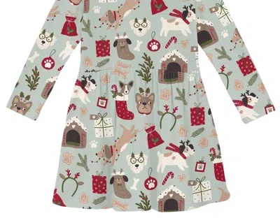 Kickee Kid's Long Sleeve Twirl Dress With Pockets In Aloe Christmas Dogs In Multi