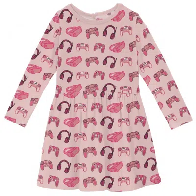 Kickee Kid's Long Sleeve Twirl Dress With Pockets In Baby Rose Gamer In Pink