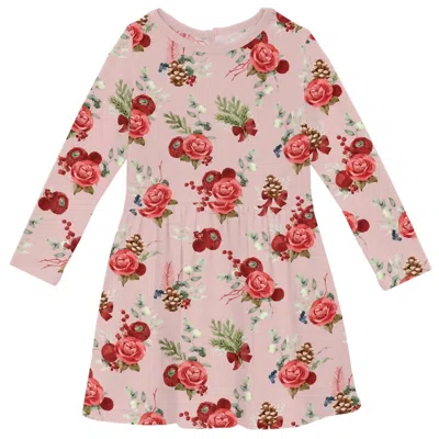 Kickee Kid's Long Sleeve Twirl Dress With Pockets In Baby Rose Holiday Floral In Multi