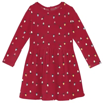 Kickee Kid's Long Sleeve Twirl Dress With Pockets In Crimson Holiday Lights In Red