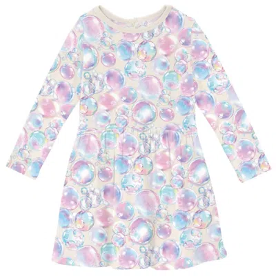 Kickee Kid's Long Sleeve Twirl Dress With Pockets In Natural Bubbles In White