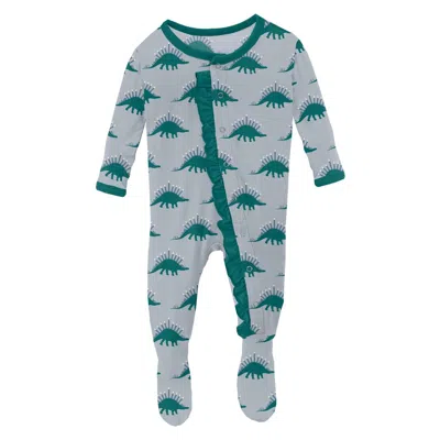 Kickee Kid's Ruffle Footie With Snaps In Pearl Blue Menorahsaurus In Multi