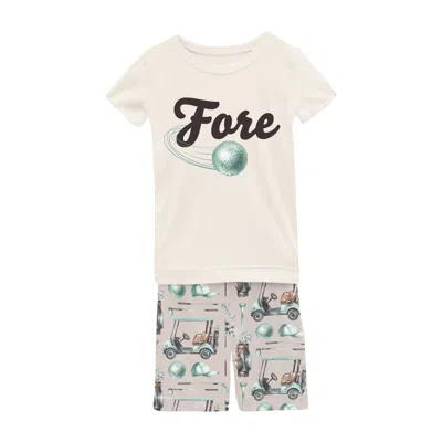 Kickee Kid's Short Sleeve Graphic Tee Pajama Set With Shorts In Latte Golf In White