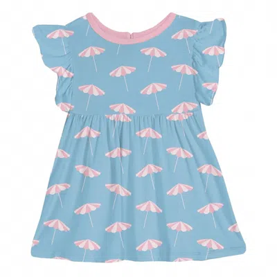 Kickee Kid's Short Sleeve Lola Swing Dress In Seaside Blue Beach Umbrellas