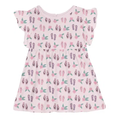 Kickee Kid's Short Sleeve Lola Swing Dress In Shrinking Violet Flip Flops And Flowers In Pink