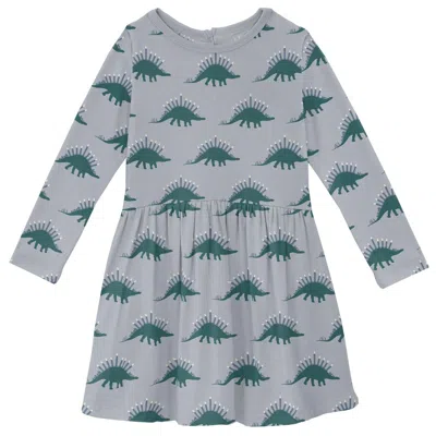 Kickee Kids Bamboo Long Sleeve Twirl Dress In Pearl Blue Menorahsaurus In Gray