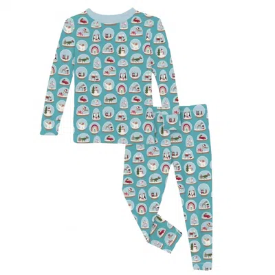 Kickee Kids' Long Sleeve Pajama Set In Glacier Snow Globes In Multi