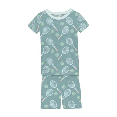Kickee Kids' Short Sleeve Pajama Set With Shorts In Jade Tennis In Green