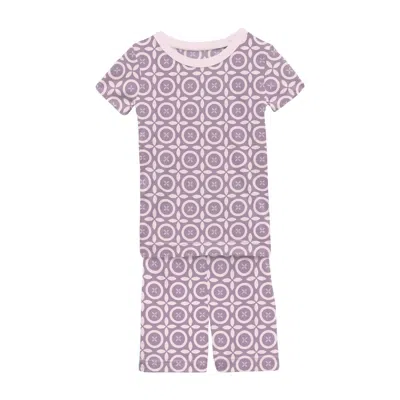 Kickee Kids' Short Sleeve Pajama Set With Shorts In Lavender Flower Lattice In Purple