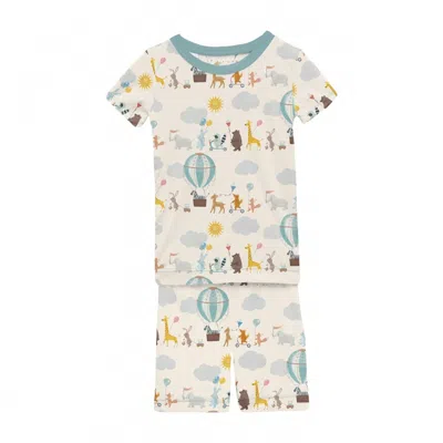Kickee Kids' Short Sleeve Pajama Set With Shorts In Natural Animal Parade In Multi