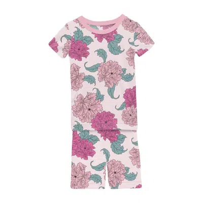 Kickee Kids' Short Sleeve Pajama Set With Shorts In Shrinking Violet Peonies In Purple