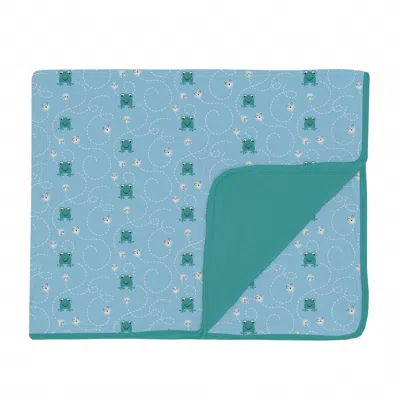 Kickee Lightweight Toddler Blanket In Seaside Blue Frogs & Flies