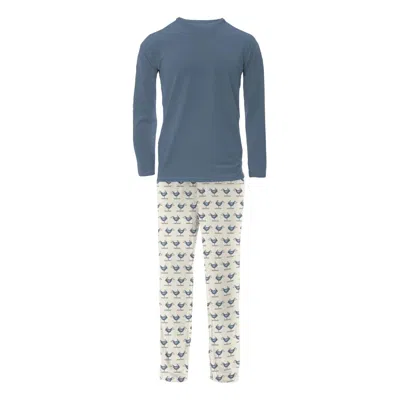 Kickee Men's Long Sleeve Pajama Set In Natural Ski Birds In Multi