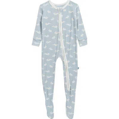 Kickee Pants Babies'  Bunny Print Two-way Zip Fitted Footie In Blue