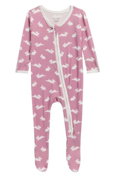 Kickee Pants Babies'  Bunny Print Zip Fitted Fleece Footie In Pink