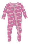 Kickee Pants Dino Print Zip Footie In Pink