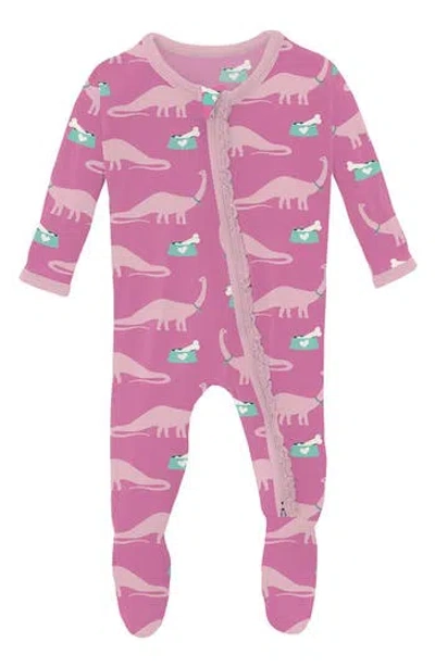 Kickee Pants Babies'  Dino Print Zip Footie In Pink