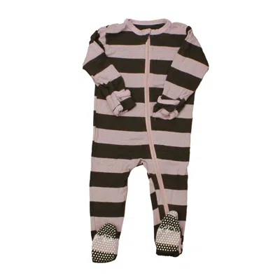 Pre-owned Kickee Pants Kids' Girls Pink Brown Stripes 1-piece Footed Pajamas In Blue